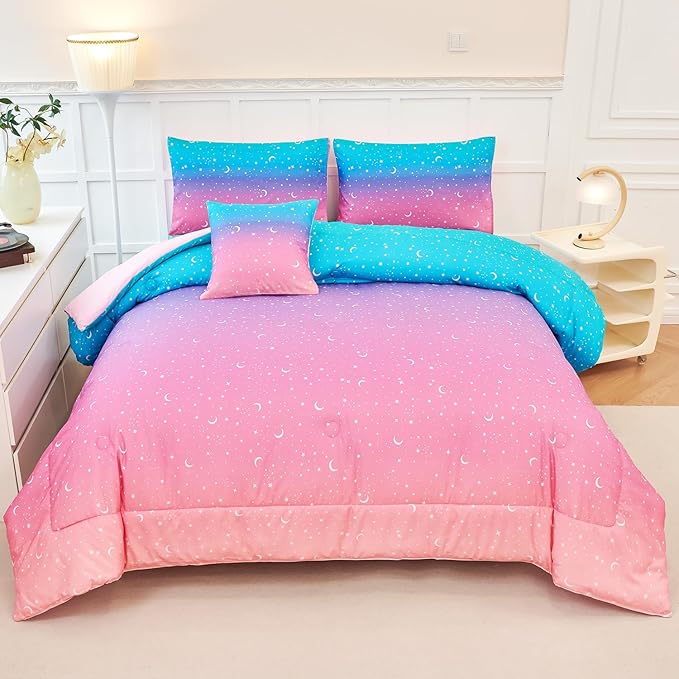 URBONUR 6 Pcs Gradient Comforter Set for Girls Twin Size Pink Purple Blue Colorful Moon Star Rainbow Comforter Bed in A Bag, Soft & Lightweight Kids Teen Bedding Set