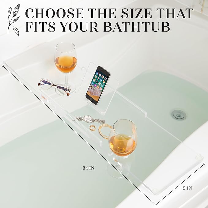 38" Supreme Plus- Luxury Bathtub Tray Caddy- 3/8" Thick, Clear Bath Tub Tray Table for 1 or 2 Bathers, Acrylic Bathtub Caddy, iPad and 2 Wine Glass Holders (Supreme Plus, 38")