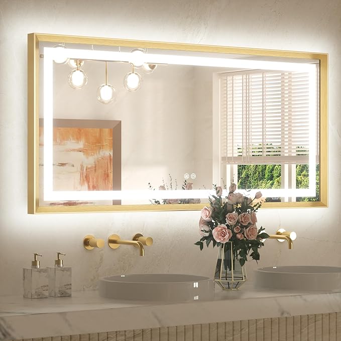 TETOTE 48 x 24 Bathroom LED Mirror Brushed Gold Metal Frame Frontlit & Backlit Vanity Mirror Stepless Dimmable Anti-Fog 3 Colors White/Warm/Natural Light up Vanity Wall-Mounted