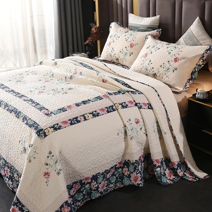 Quilt Set Floral Leaves 3D Embroidery Pattern 2 PCS Cotton Reversible Quilted Embroidered Decorative Bedspreads Coverlet Set, Lightweight &Soft Queen Size Beige Bedding Coverlet for All Season