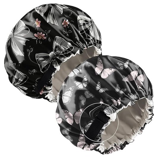 2 PCS Bonnets for Women Girls Satin Hair Bonnet Silk Adjustable Elastic Double Layer Hair Wrap Sleep Cap Comfort Cute-Bowknot Butterfly
