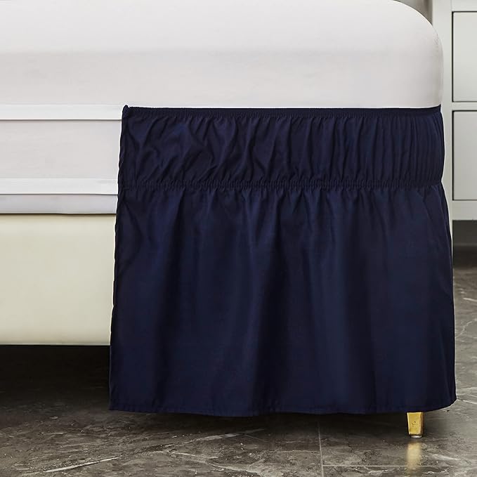 MEILA Wrap Around Bed Skirt Three Fabric Sides Elastic Dust Ruffled 24 Inch Tailored Drop,Easy to Install Fade Resistant-Navy Blue, Queen/King