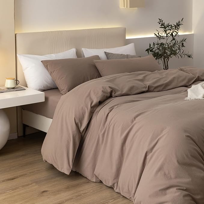 JIYUAN 100% Washed Cotton Duvet Cover Set 3 Pieces Full, 1 Duvet Cover 80x90 Inches(Comforter Not Included) and 2 Pillowcases,Linen Feel Bedding Set Comfy and Breathable,Light Brown