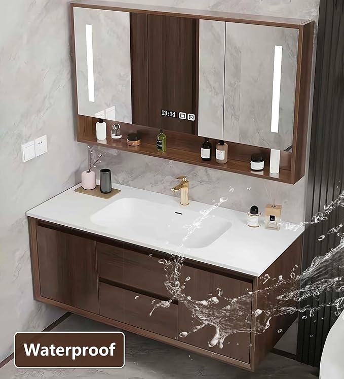 Bathroom Sink Vanity 64Inch, Floating Bathroom Vanity with LED Smart Defogging Mirror Cabinet and Open Shelf, Multi-Layer Solid Wood Bathroom Furniture Cabinet, Wall Mount Installation (Walnut)