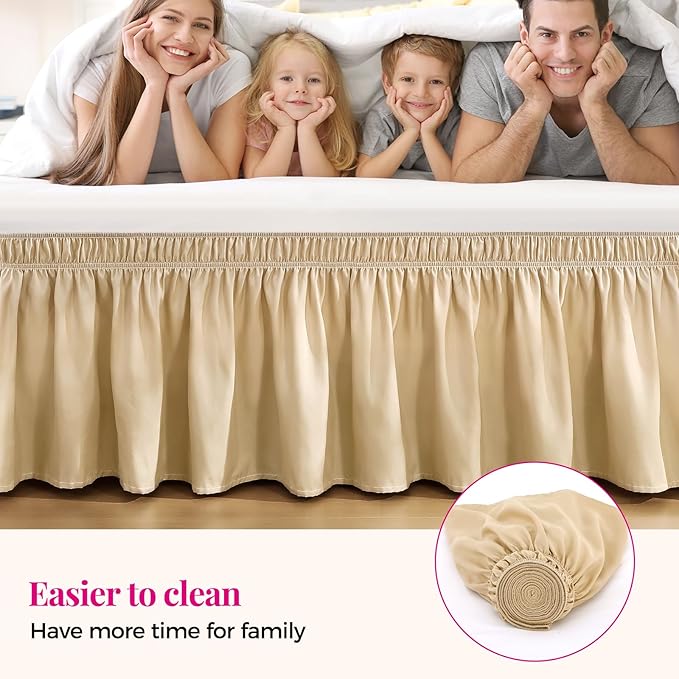 RIMELA Beige Bed Skirt Queen Size 18 Inch Drop, Wrap Around Elastic Bedskirt, Dust Ruffle for Adjustable Bed Base Machine Washable Easy to Install Bed Skirts