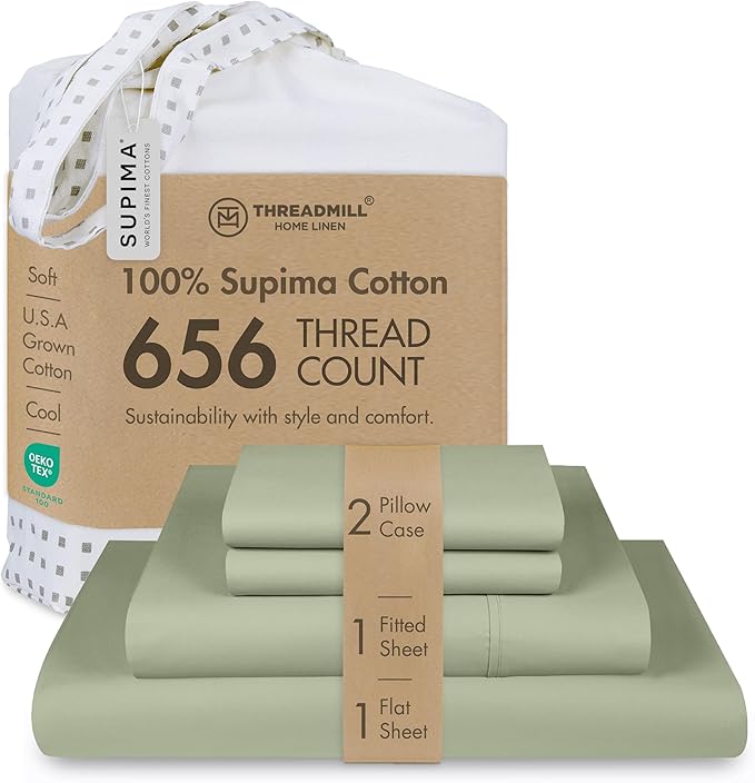 Threadmill Luxury Full Size Sheets | 656 Thread Count Certified Supima Cotton Sheets for Full Size Mattress | 5-Star Hotel Quality 4 Piece Bed Sheets with Extra Deep Pocket |Sage Green Sheet