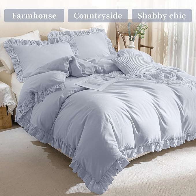 QSH Washed Cotton Ruffle Duvet Cover King Size,3 Pieces Cornflower Blue Farmhouse Vintage Shabby Comforter Cover Linen Feel French Country Rustic Bedding Set Soft Breathable Quilt Cover Set