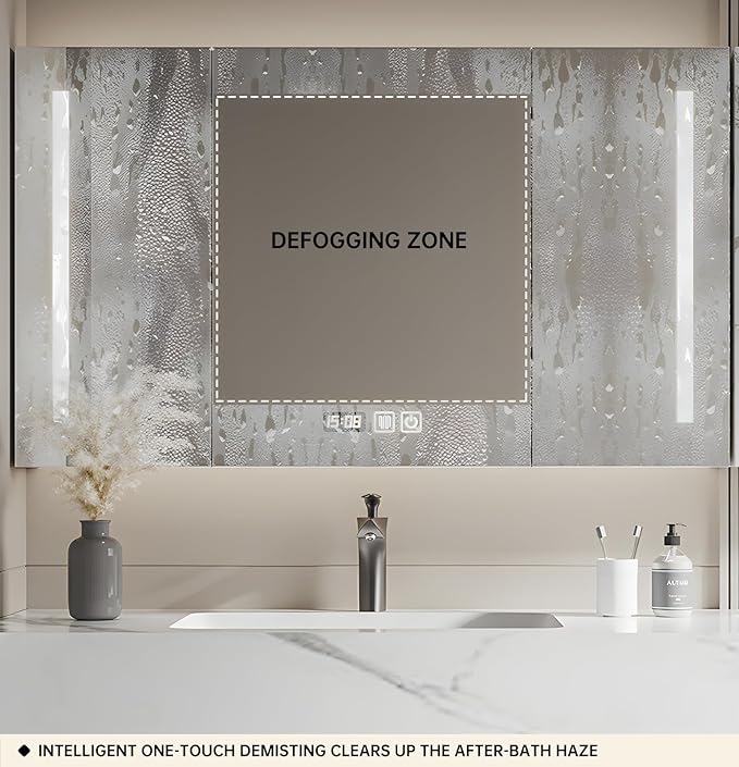 Floating Bathroom Vanity with Sink, Solid Wood Bathroom Vanity Set, Smart Defogging Mirror & Induction Side Cabinet & Large Storage - Elegant Bathroom Vanities (White,32IN)