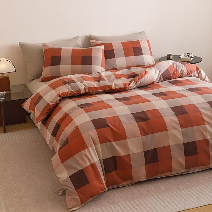 Cottonight Checkered Red Comforter Set Twin Gingham Grid Bedding Set Red and Khaki Grid Comforter Fluffy Soft Bedding Set Kids Teens Twin Comforter with 2 Pillowcases