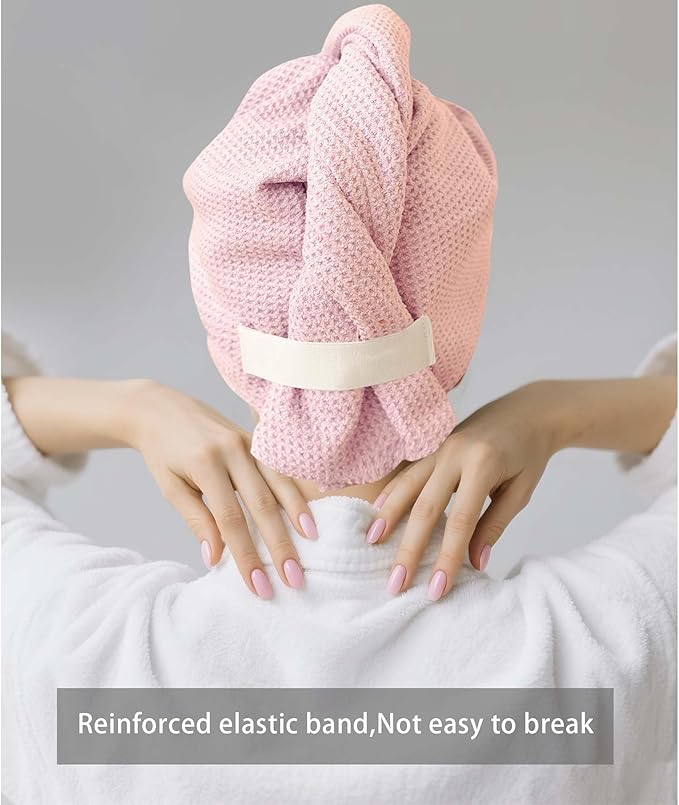 2 Pack Microfiber Hair Towel Wrap for Women, 32" x 11" Waffle Weave Hair Plopping Towel for Curly, Long & Thick Hair, Anti-Frizz Hair Turbans for Wet Hair (Pink, Grey)
