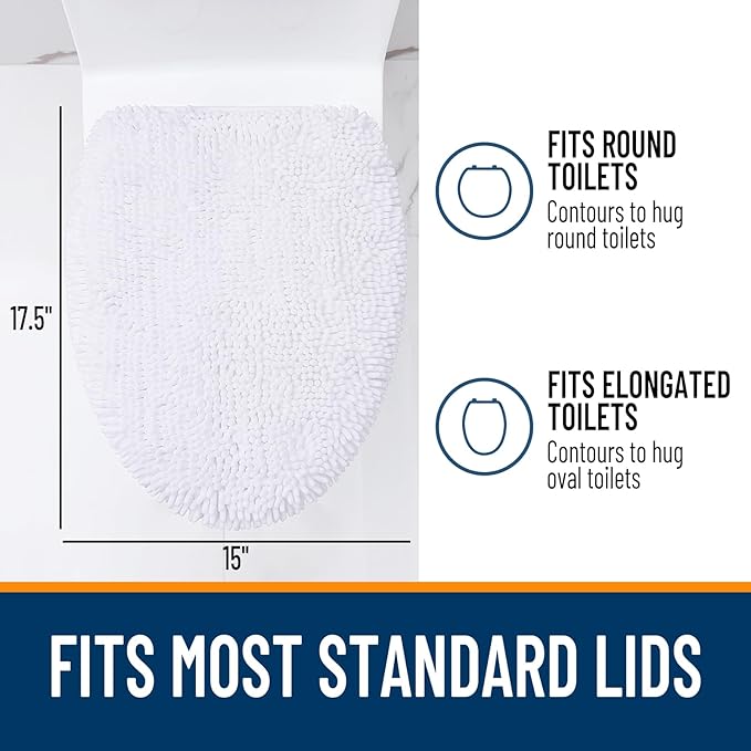 OLANLY Soft Chenille Bathroom Toilet Lid Cover, Machine Washable Seat Covers, 17.5x15, Stays in Place Rubber Backing, Fits Most Round, Elongated and Oblong Lids, Accessories Decor, White