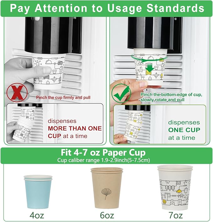 Cup Dispenser, Wall Mount Water Cooler Cup Dispenser fits 4-7 oz Disposable Paper and Plastic Cups, Pull Type Cup Holder for Bathroom, Office, Break Room, Gym, Black