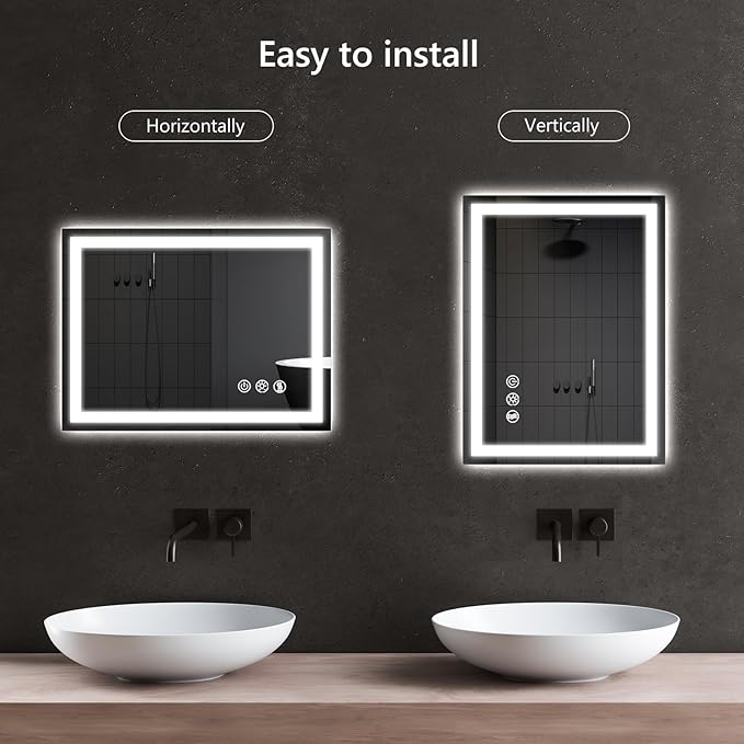 APRILSOUL 20x28 Inch LED Bathroom Mirror with Front and Backlit, Makeup Mirror with 3 Color Lights, Memory Function, Anti-Fog and Dimmable Light (Horizontal/Vertical)