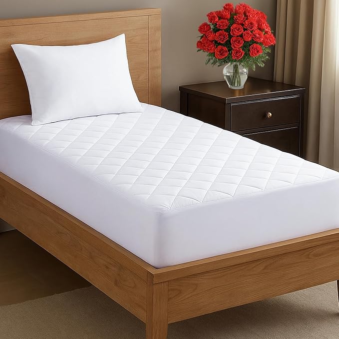Quilted Fitted Mattress Pad Twin Size - Elastic Fitted Mattress Topper Protector & Cover - Breathable, Soft, Low Profile Top Cover with 8-16 Inch Deep Pockets - Easy-Fit and Machine Washable - White
