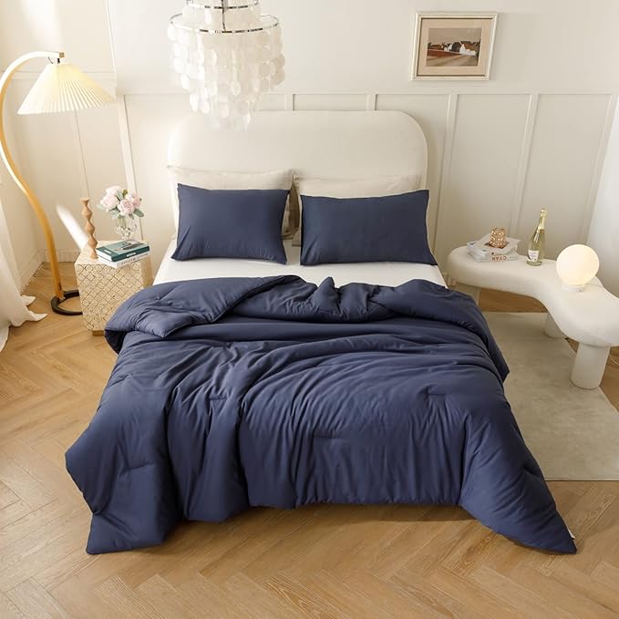 ROSGONIA Navy Blue Comforter Set Queen, 3pcs (1 Boho Blue Comforter & 2 Pillowcases) All Season Soft Bedding Lightweight Bedspread Blanket Quilt