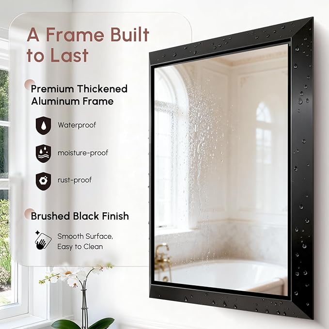 USHOWER Black Bathroom Mirrors for Over Sink, 24x32 Inch Beveled Rectangular Bathroom Vanity Mirror, Brushed Thick Aluminum Framed, Anti-Rust, 4mm Copper-Free Silver Wall Mirror