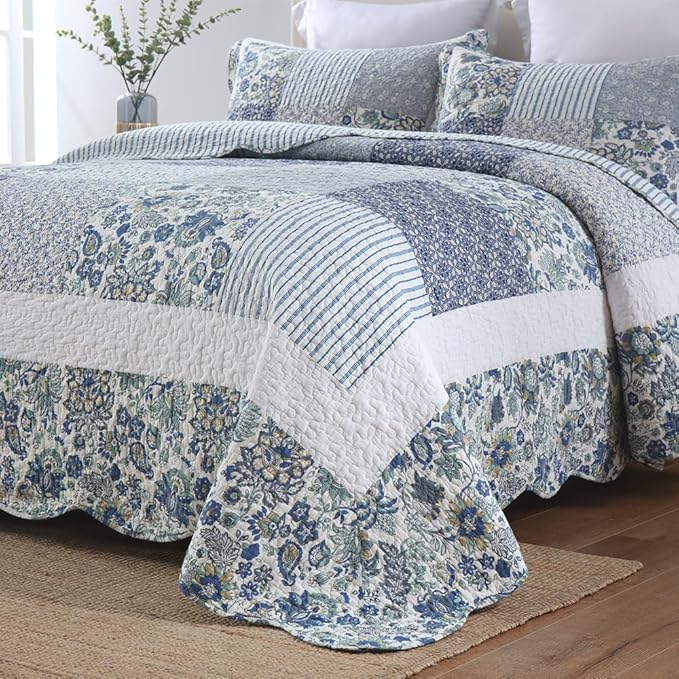 Cotton Bedspread Quilt Bedding Sets 3 Pieces Reversible Coverlet Sets Comforters Vintage Floral Patchwork Blue Bedspread (Blue Vintage Floral, Queen Size)