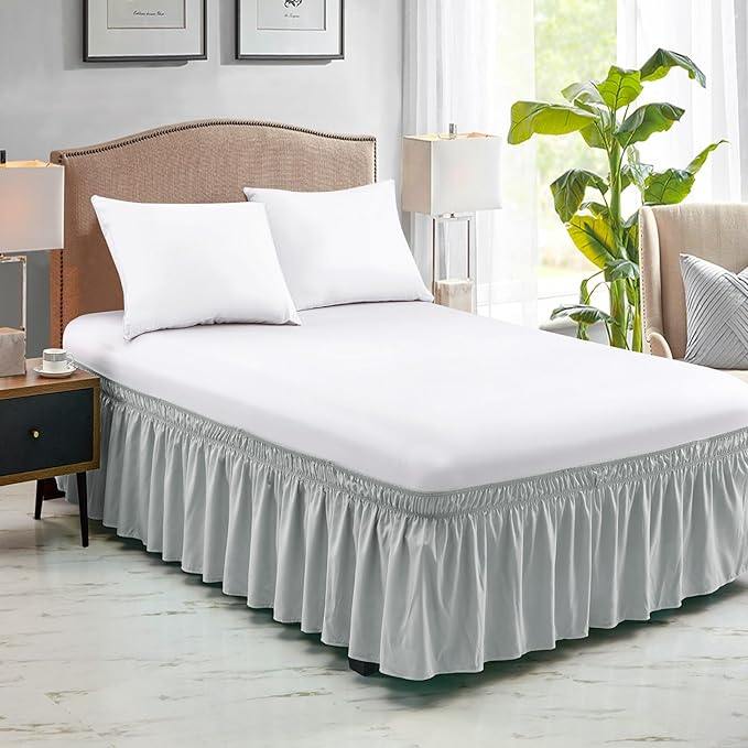 FreshCulture Twin Bed Skirt - Elastic Wrap, Easy Fit with 15-Inch Drop, Hotel Quality - Light Grey