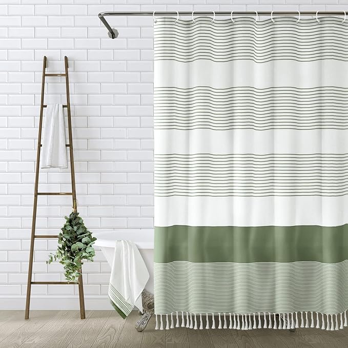 Awellife Boho Sage Green Shower Curtain for Bathroom Stripe Tassel Shower Curtain 72 X 72 Inches Farmhouse Cotton