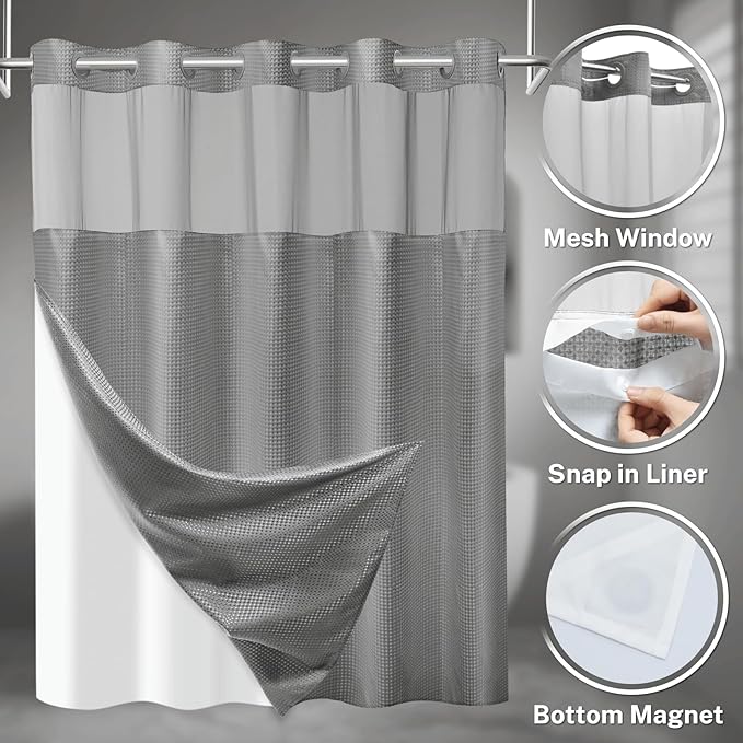No Hook Shower Curtain with Snap in Liner Set Waffle Shower Curtain for Bathroom Hotel Style Fabric Waterproof Inner Liner，71" W x 74" H, Grey