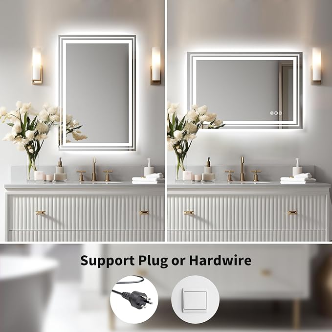 WTTY LED Bathroom Mirror with Backlit and Front Light, 27.5" X 35.4" Stepless Dimmable LED Mirror for Bathroom,Anti-Fog Lighted Bathroom Vanity Mirror Modern,Memory Function,Shatter-Proof