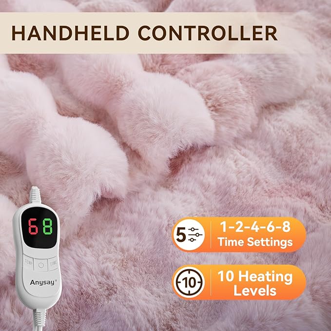 Heated Blanket Throw with 1/2/4/6/8 Hours Auto-Off 10 Heat Level, 72'' * 84'' Cozy Faux Rabbit Fur Bubble Electric Blanket with Overheat Protection(Tie-Dye Pink)