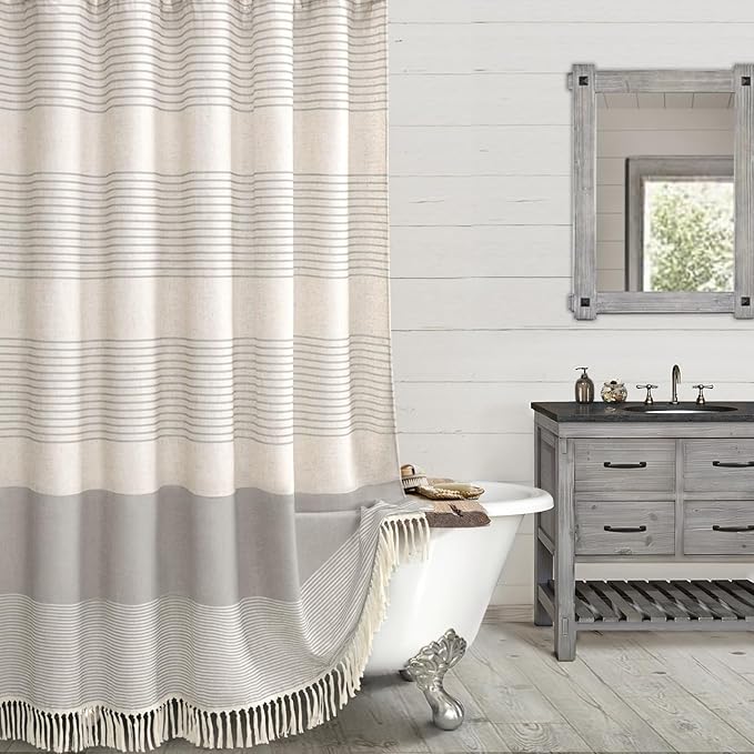 Awellife Farmhouse Shower Curtains for Bathroom,Grey Flax Texture Striped Shower Curtain with Tassels Boho Rustic Neutral 72x72