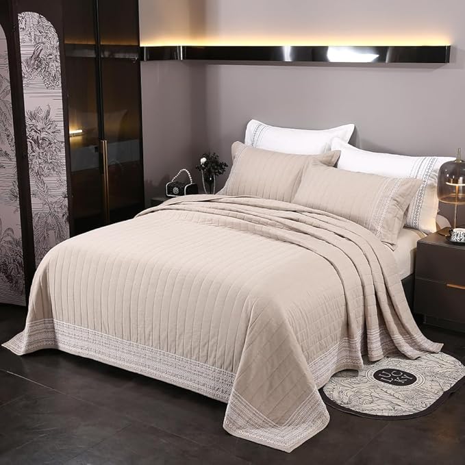 Quilt Set Floral Leaves 3D Embroidery Pattern 3 PCS Cotton Reversible Quilted Embroidered Decorative Bedspreads Coverlet Set, Lightweight &Soft Queen Size Beige Bedding Coverlet for All Season