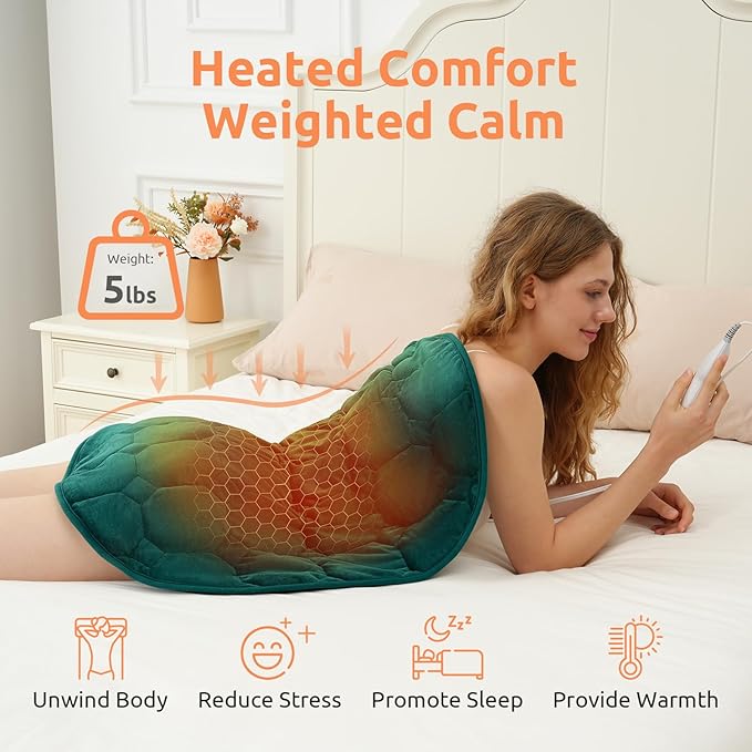 Drewin Weighted Heating Pad 5 lbs for Pain Relief, 24" x 29" Velvet-Soft Warm Heated Pads for Knee Shoulders Versatile Use with Auto Shut Off, Machine Washable Weighted Lap Blanket, Dark Green