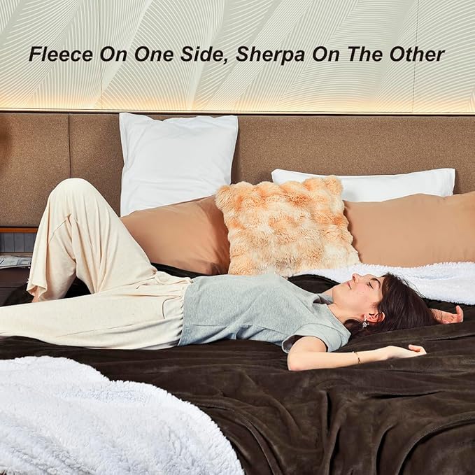 KAWAHOME Sherpa Fleece King Size Blanket for Bed - Extra Warm and Heavy Thick Blankets for Winter, Super Soft 500GSM Plush Blanket, 108" X 90" Brown