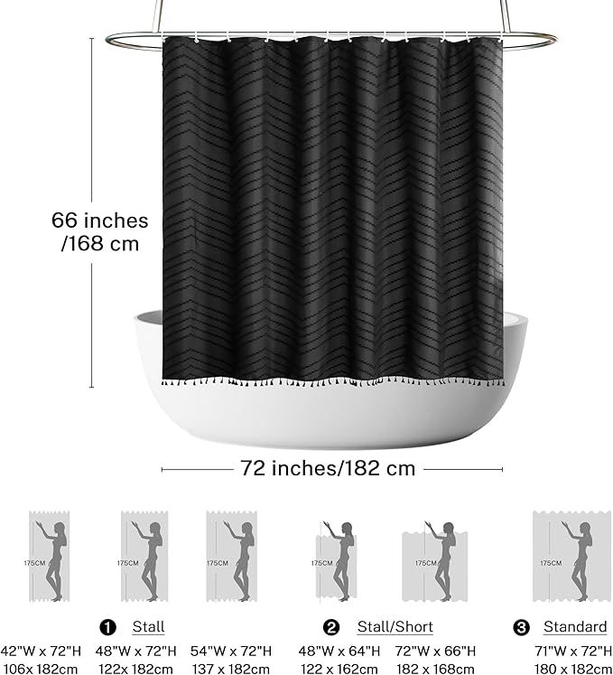 Boho Shower Curtain Black Tassel Woven Fabric Short Shower Curtain 72 x 66 Modern Farmhouse Textured Tufted Chevron Striped Minimalist Bathroom Shower Curtains