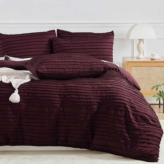 NEXHOME PRO Twin Duvet Cover, Blue 2 Pieces Boho Tufted Twin Size Duvet Cover Set, Soft and Lightweight Microfiber Comforter Cover Set for All Season (Burgundy,66 x 90)-No Comforter