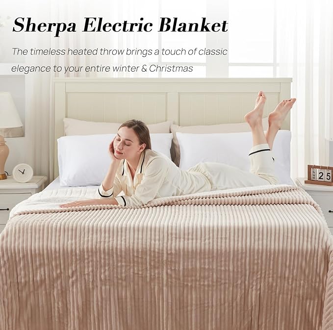 Westinghouse Electric Blanket Twin, Soft Ribbed Flannel to Sherpa Heated Blanket with 10 Heating Levels & 1-12 Hours Auto Shut Off, Fast Heating & Machine Washable, 62x84 Inch, Beige