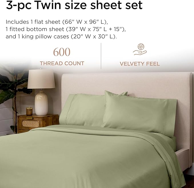 Threadmill 100% Cotton Sheets for Twin Size Bed - 600 Thread Count Twin Bed Sheets Set with 15” Deep Pocket - Sateen Weave 3-Piece Bedding Set with Cooling Effect, Sage Green