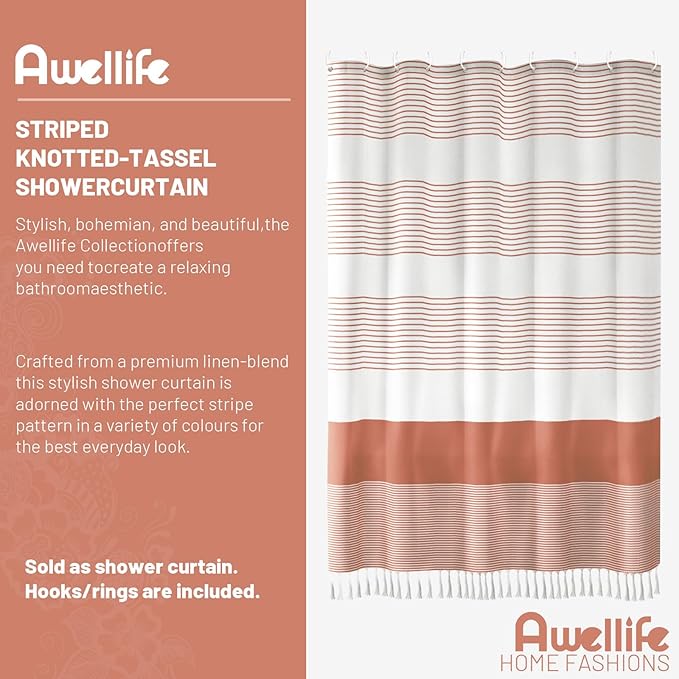 Awellife Boho Coral Shower Curtain for Bathroom Stripe Tassel Shower Curtain 72 X 72 Inches Farmhouse Cotton