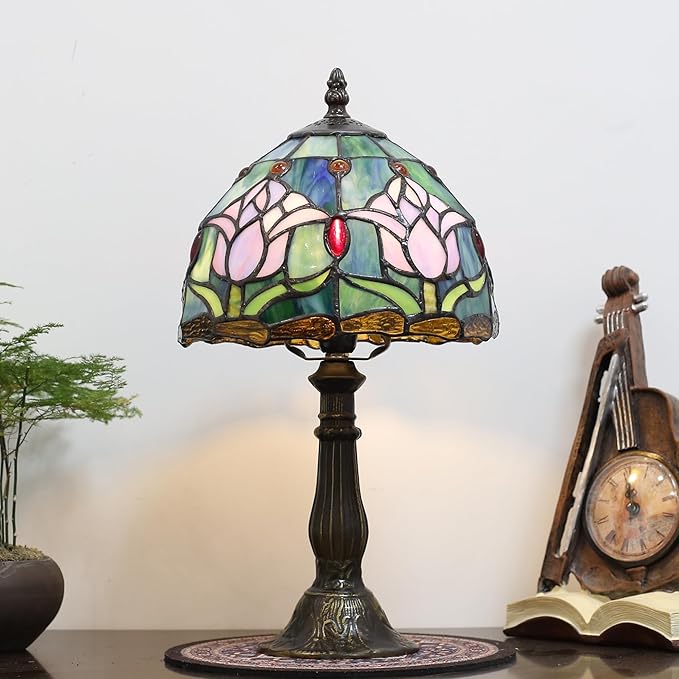 Tiffany Small Table Lamp for Bedroom Bedside Nightstand Table Lamps for Living Room 3 Way Color Temperatures Stained Glass Table Lamp 8X8X15 Inch Home Office Reading Desk Lamp (Pink Tulips)