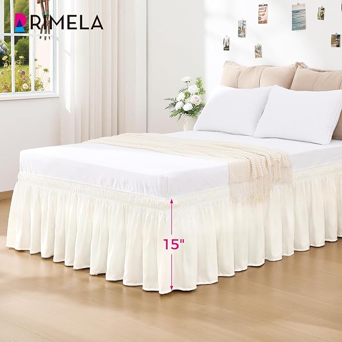 RIMELA Cream White Bed Skirt Queen Size 15 Inch Drop, Wrap Around Elastic Bedskirt, Dust Ruffle for Adjustable Bed Base Machine Washable Easy to Install Bed Skirts