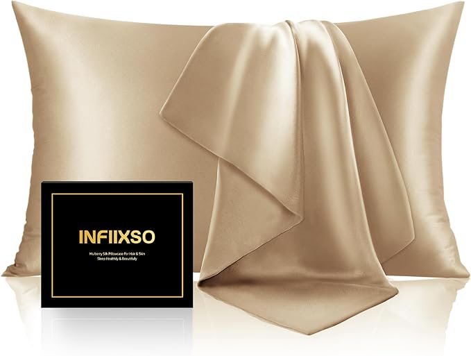 INFIIXSO Mulberry Silk Pillowcase for Hair and Skin, Silk Pillow Cases King Size with Hidden Zipper 20x40 Inches, Super Smooth and Soft Cooling Pillow Cases for Hot Sleepers(Champagne, 1 Pack)