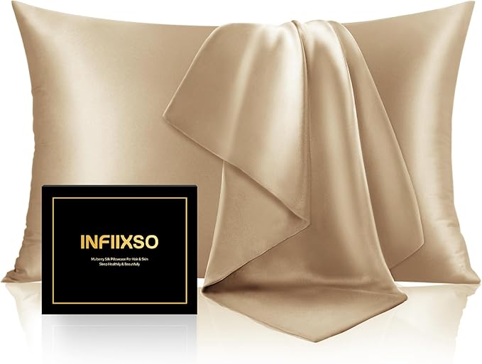 INFIIXSO Mulberry Silk Pillowcase for Hair and Skin, Silk Pillow Cases Standard Size with Hidden Zipper 20x26 Inches, Super Smooth and Soft Cooling Pillow Cases for Hot Sleepers(Champagne, 1 Pack)