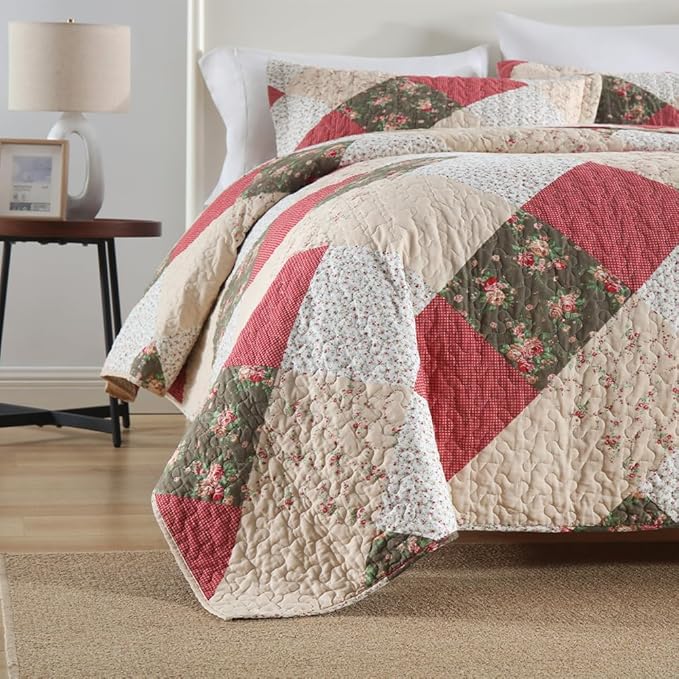 ENASAL Cotton Bedspread Quilt Bedding Sets Reversible Coverlet Sets Comforters Rose Floral Purple White Patchwork Pattern Bedspread for All Season, King Size