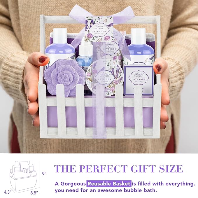 Lavender & Jasmine Scented Spa Gift Set for Women, Includes Body Lotion, Shower Gel, Salts, Bubble Bath, Body Mist, Soap, Bath Bombs