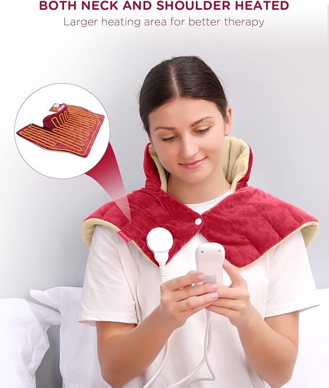 Heating Pad for Neck and Shoulders and Back, Comfytemp Weighted Electric Heat Pad for Pain Relief, 2.6lb Large Heated Wrap, 9 Heat Settings, 11 Auto-Off, Women Men Birthday Gifts Red