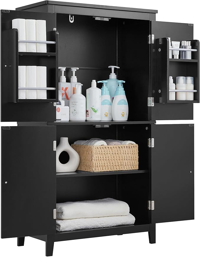 Freestanding Storage Cabinet with 4 Doors,Elegant Organizer Unit with Adjustable Shelves, Sturdy MDF Frame, Anti-Tipping Design, Large Capacity for Bathroom, Kitchen, Office, Home, Black