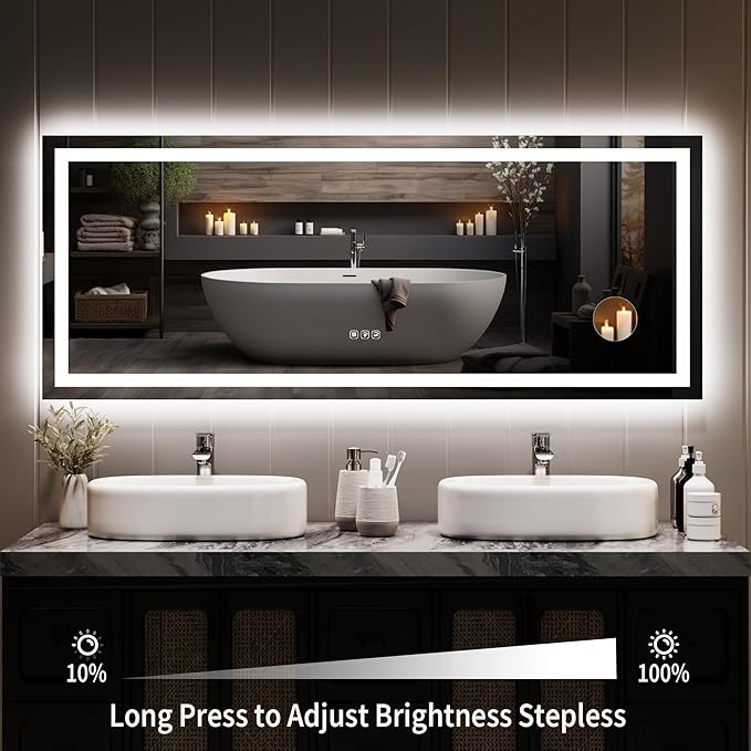GarveeHome 60x25 LED Bathroom Mirror with Lights, Dimmable, Anti-Fog, Backlit + Front Lit, Smart Bathroom Vanity Mirror for Wall, Memory Function, Shatter-Proof (Horizontal/Vertical)