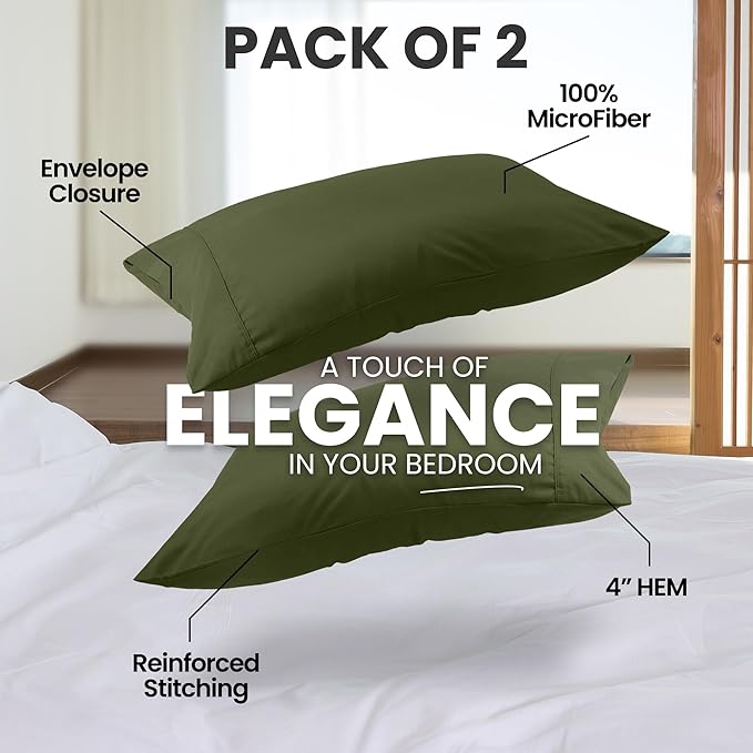 Pillow Covers by Utopia Bedding - Queen Size 2-Pack – Soft Brushed Microfiber – Perfect for Hospitals, Hotels, Guest Rooms – Oeko-TEX Certified, 20x30 Inches (Olive)