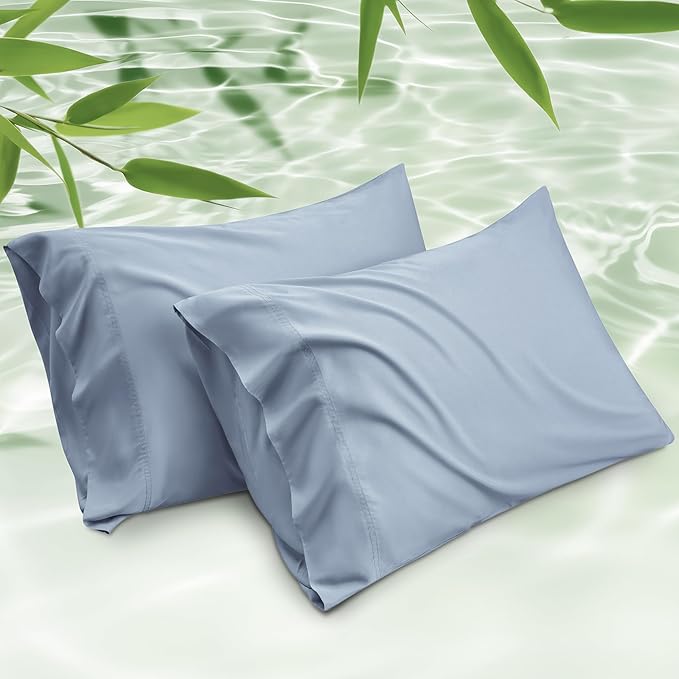 Bedsure Pillow Cases Queen, Cooling Pillow Cases, Rayon Derived from Bamboo Grey Blue Pillowcases Queen Size Set of 2, Soft & Breathable Bedding Pillow Covers with Envelope Closure, 20x30 Inches