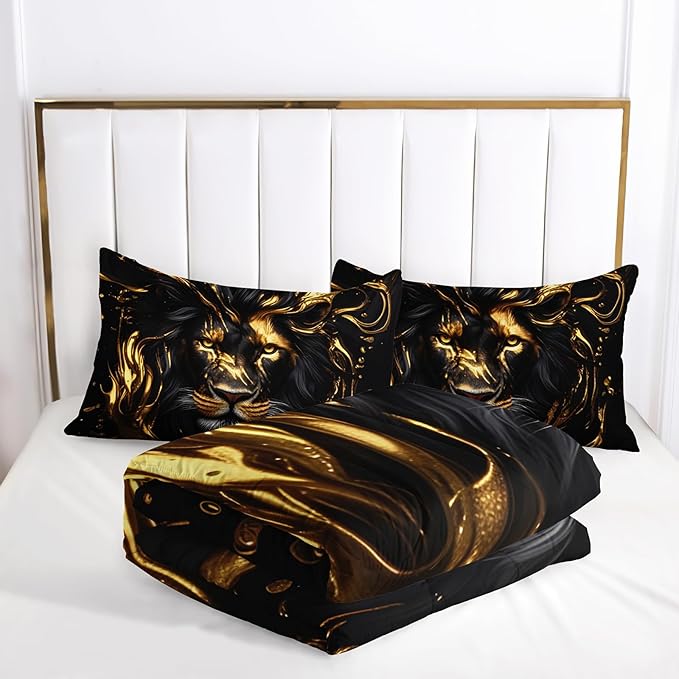 Black & Gold King Comforter Set Lion，Animal Print King Size Bedding，with 1 Comforter with 2 Pillow Case，Lion Themed Bedroom Decor for Boy Kids