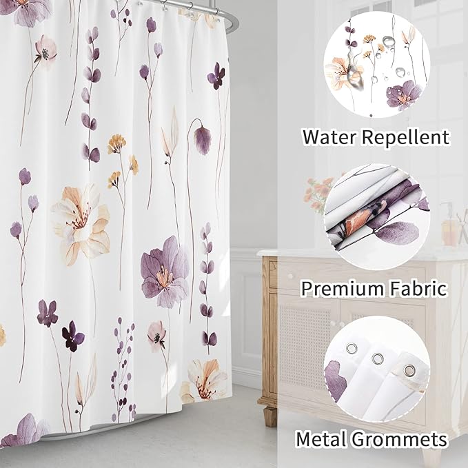 Gibelle Watercolor Floral Shower Curtain, Plum Beige Flower Shower Curtain for Bathroom, Modern Minimalist White Waterproof Fabric Shower Curtain Set with Hooks 72x72 Inch