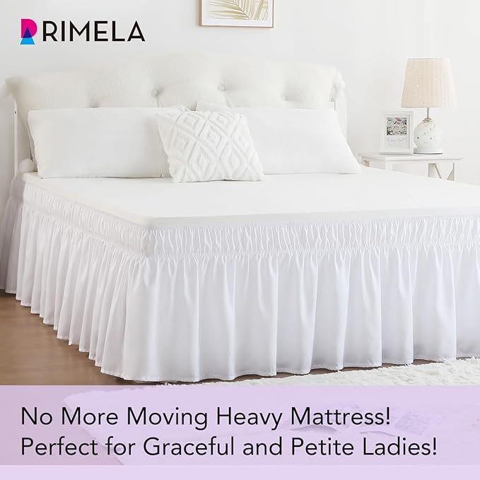 RIMELA White Bed Skirt King Size 21 Inch Drop, Elastic Bed Skirting for Bed Base and Frame, Bedding Dust Ruffle Easy to Install, Lightweight Wrap Around Adjustable Bedskirt