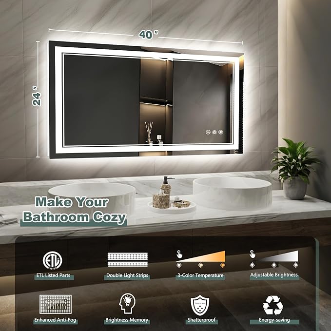 LED Bathroom Mirror with Lights: 40"x24" Wall Mounted Large Lighted Mirrors Fogless, Anti-Fog,Dimmable,Memory Function, Shatterproof Tempered Glass, Espejos para Baños, ETL Listed